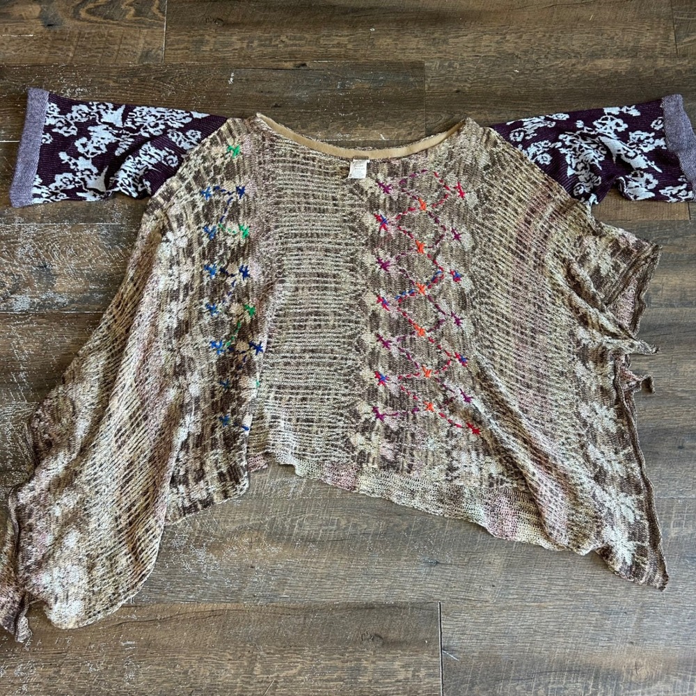 Free People Fressia Pullover Sweater Boho Tunic Mixed Knit Embroidered M/L